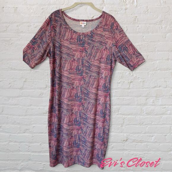 LulaRoe Julia Bodycon Pink & Blue Abstract NWOT Pullover Dress SZ Large - Picture 1 of 6